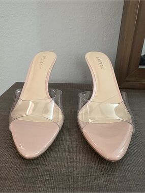BAMBOO Nude Clear Strap Stiletto Pointed Toe Mule Heels